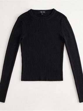 Black Ribbed Long Sleeve Top Size M Fitted Stretch Basic Minimal